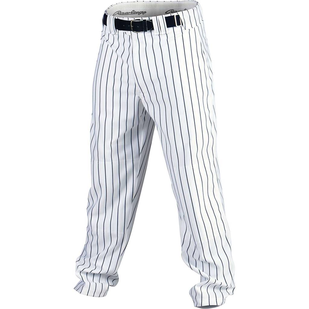 The Rawlings Adult Pinstripe Semi-Relaxed Baseball Pants (BP95MR) feature a white base with vertical black pinstripes, a black belt, and a relaxed fit for slightly loose legs gathered at the ankles.