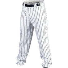 The Rawlings Adult Pinstripe Semi-Relaxed Baseball Pants (BP95MR) feature a white base with vertical black pinstripes, a black belt, and a relaxed fit for slightly loose legs gathered at the ankles.