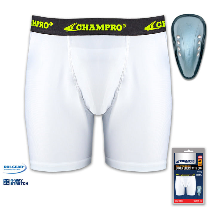 Champro Sports Compression Boxer with Cup (BPS14) features white spandex fabric, Dri-Gear moisture control, 4-way stretch for comfort, a black CHAMPRO waistband, and includes a protective athletic cup and packaging.