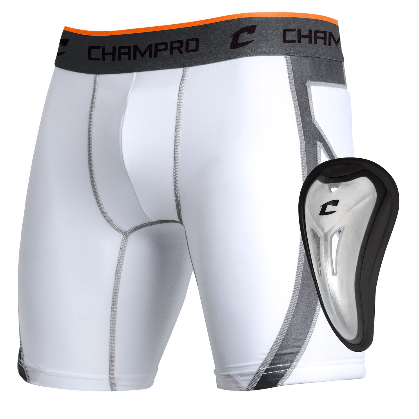 The Champro Sports Wind Up Compression Sliding Short (BPS15) features gray and orange accents, Champro branding on the waistband, and a built-in pocket with protective cup for added safety.