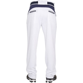 A person stands with their back to the camera, wearing Rawlings Adult BPVP2 Semi-Relaxed Baseball Pants featuring two back pockets with black trim, a navy belt, and black-and-white athletic shoes.