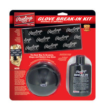 The Rawlings Glove Break in Kit (BRKIT) includes a black glove mallet, Glovolium Break-in Formula, and a Rawlings cloth—everything needed for breaking in and caring for your baseball or softball glove.