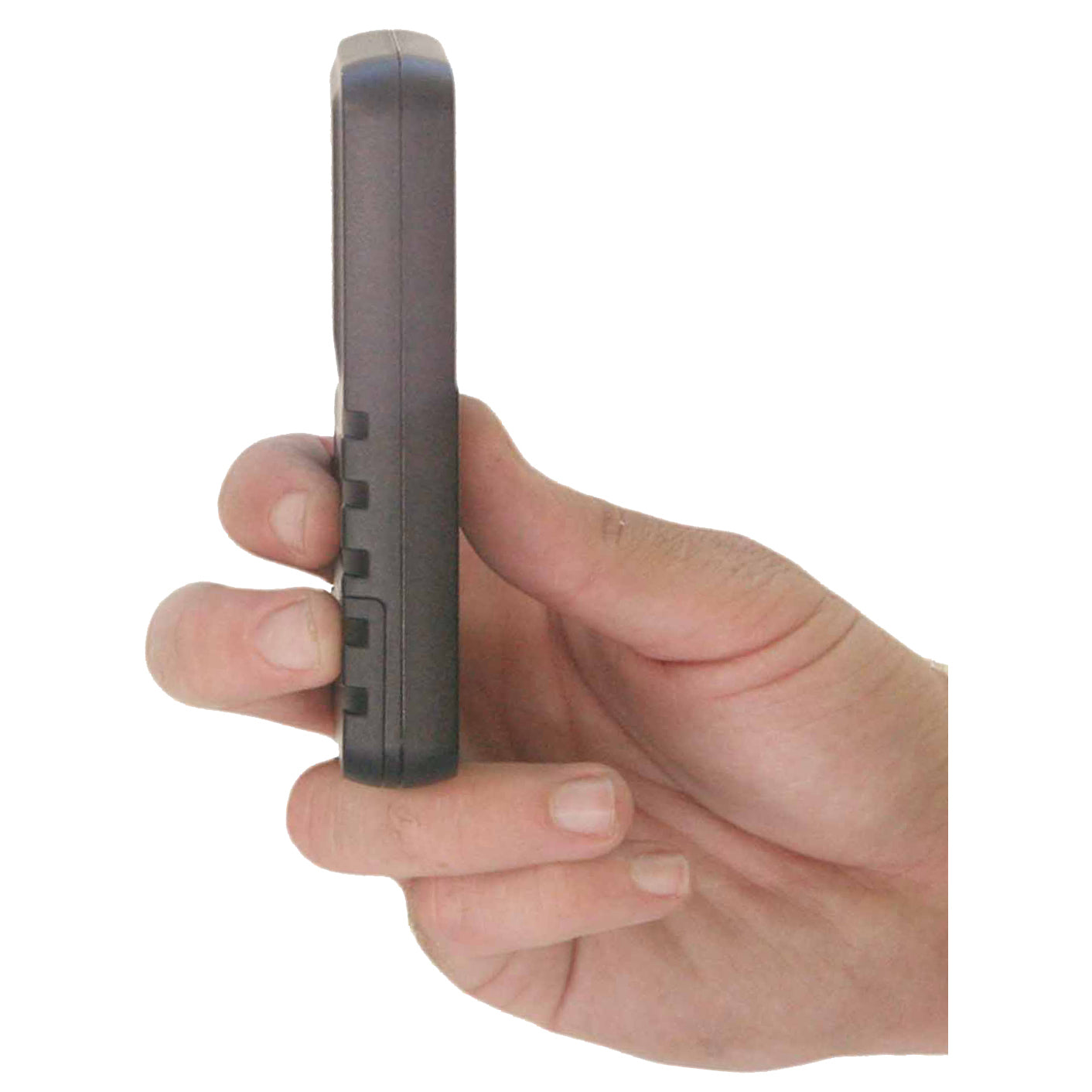 A hand holding the Pocket Radar Ball Coach Radar: PR1000-BC by Pocket Radar, a reliable tool for accurate ball speed measurement.