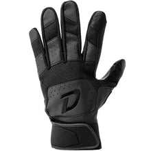 The Dudley Adult Batting Gloves (SPA0374) by Dudley feature premium black leather, full-finger design, reinforced knuckles, textured grip, ventilation holes, and an adjustable wrist strap; palm shown facing forward.