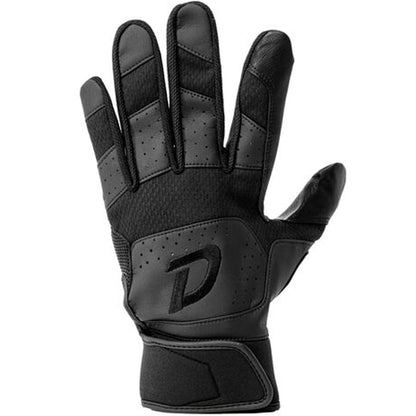 The Dudley Adult Batting Gloves (SPA0374) by Dudley feature premium black leather, full-finger design, reinforced knuckles, textured grip, ventilation holes, and an adjustable wrist strap; palm shown facing forward.