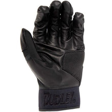 The Dudley Adult Batting Gloves: SPA0374 feature black leather, textured grip, mesh details, and the Dudley logo on the wrist strap—a premium choice for adult players seeking quality batting gloves.