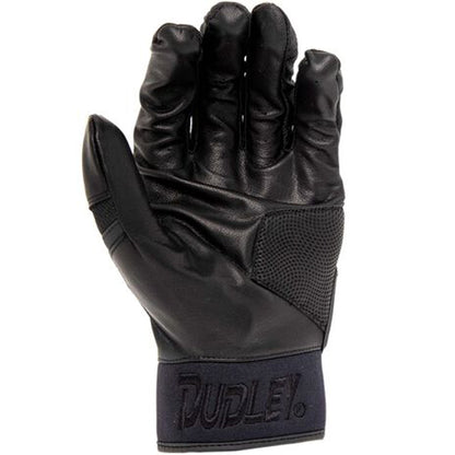 The Dudley Adult Batting Gloves: SPA0374 feature black leather, textured grip, mesh details, and the Dudley logo on the wrist strap—a premium choice for adult players seeking quality batting gloves.