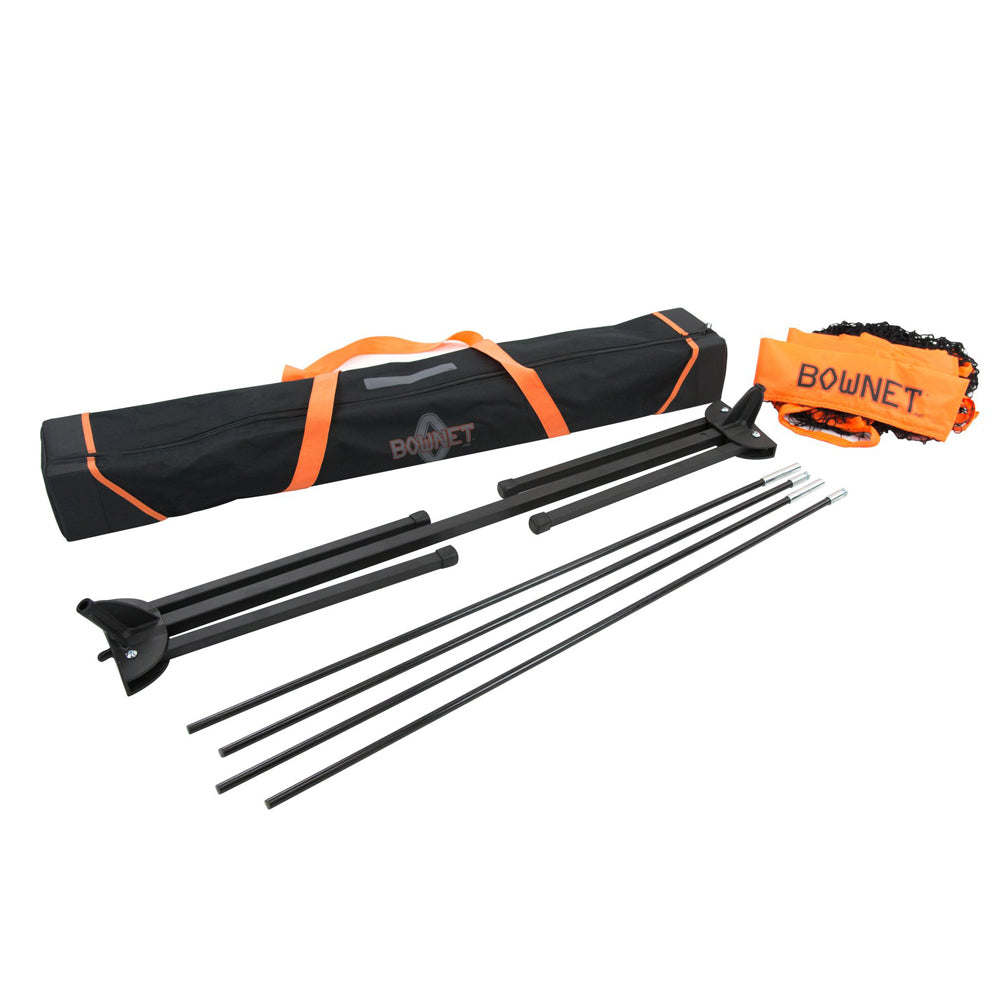 The Bownet Big Mouth X 7' x 7' Training Net (BOWBMX) by Bownet features heavier gauge steel frame poles, quick setup, ground stakes, and a black and orange carrying bag—all displayed on a white background.