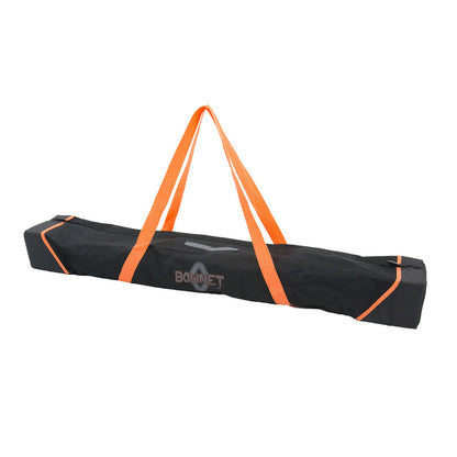 A black rectangular Bownet carrying bag with orange handles and BoNET logo, designed for fast transport and setup of the Bownet Big Mouth X 7' x 7' Training Net (BOWBMX) for sports or outdoor use.