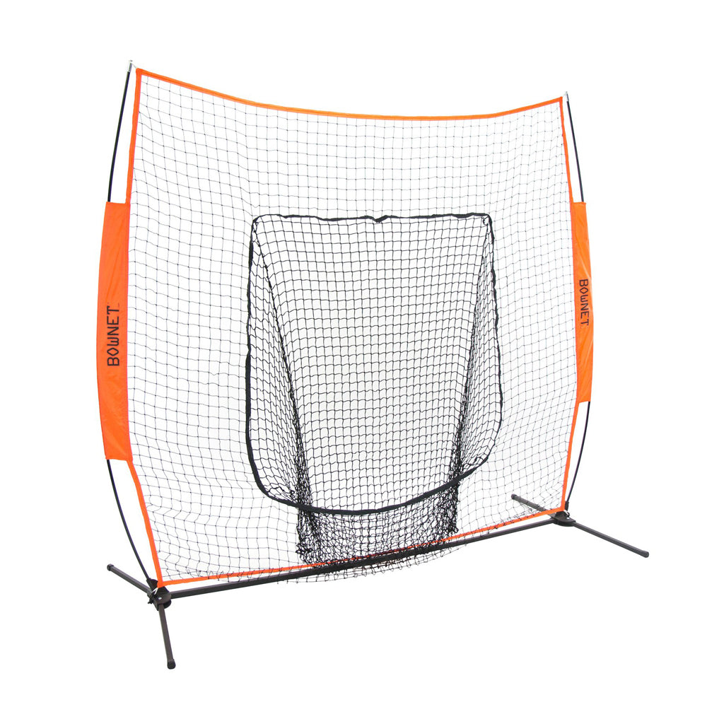 The Bownet Big Mouth X 7' x 7' Training Net (BOWBMX) by Bownet features a durable orange steel frame, black netting, and a built-in target pocket—ideal for quick setup and ball-catching in baseball or softball practice.