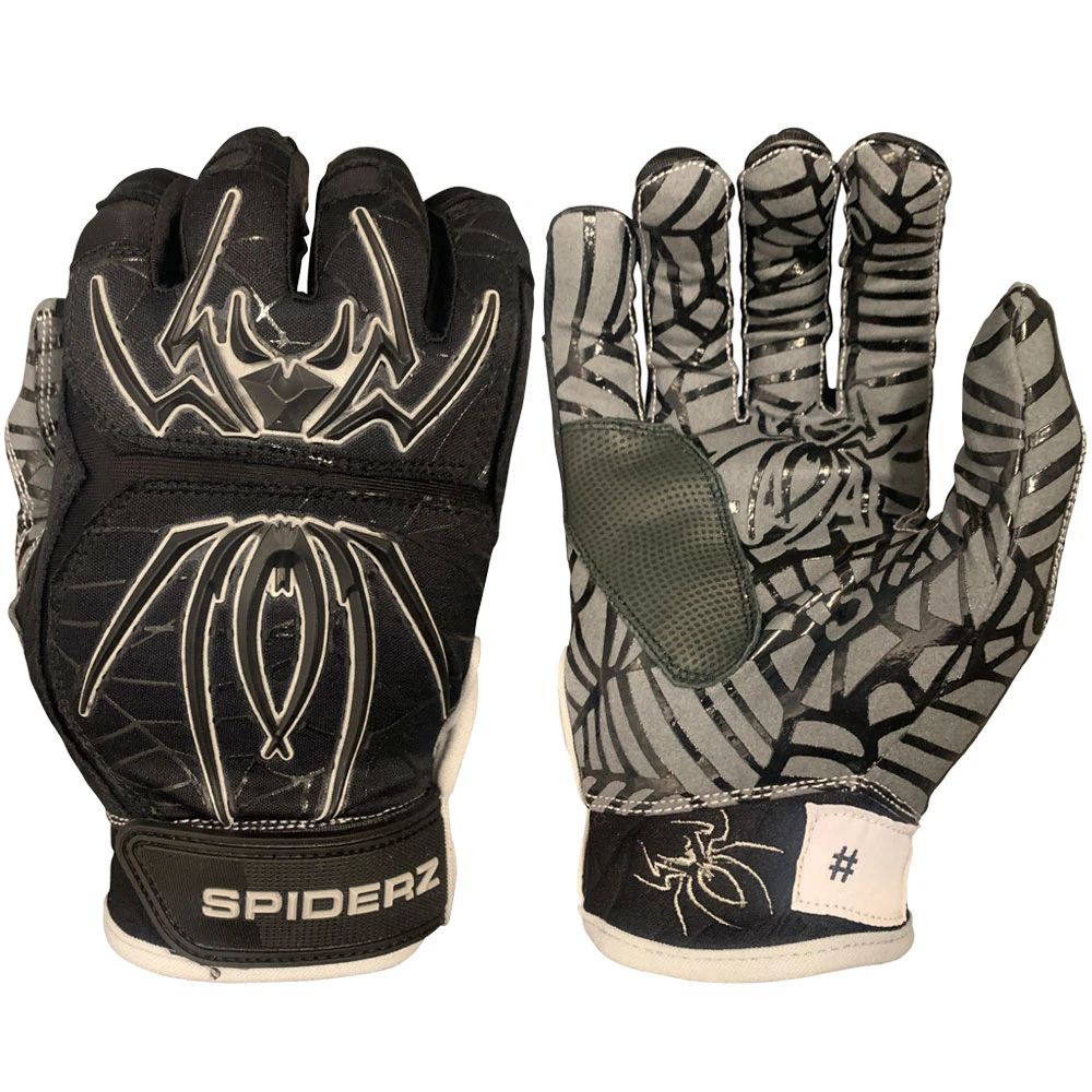 The Spiderz HYBRID Adult Batting Gloves by Spiderz, in black and gray with a spider back design and web-patterned palm, offer maximum grip and pro quality for serious players, featuring SPIDERZ branding on the wrist strap.