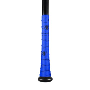 Close-up of the VukGripz Bat Grip Tape by VukGripz in bright blue with a wavy pattern; part of the black handle and bat knob are shown, designed to ensure optimum grip and control.