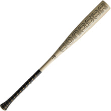 A tan and black Warstic 2023 Bonesaber (-3) BBCOR Baseball Bat (MBBSR23WH3) features a black grip, bold BONESBA lettering, and Katana2X alloy construction for enhanced performance in a sleek, modern design.
