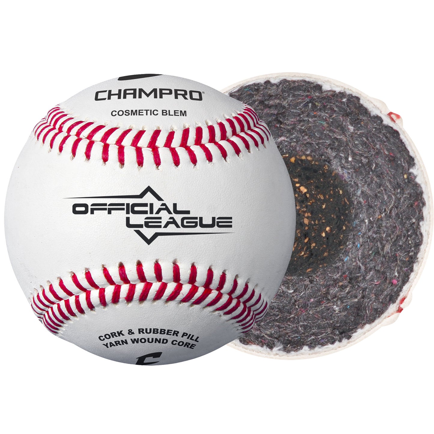 The Champro Sports Official League BLEM Baseball (CBB-200D) features a white full grain leather cover, red stitching, and a cork/rubber core. Shown with a cross-section revealing its inner layers, it’s perfect for High School practice.