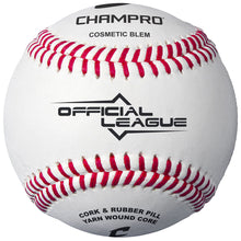 The Champro Sports Official League BLEM Baseball (CBB-200D) features a white full grain leather cover, red stitching, "COSMETIC BLEM," "CORK & RUBBER PILL," and "YARN WOUND CORE" markings—ideal for high school practice.