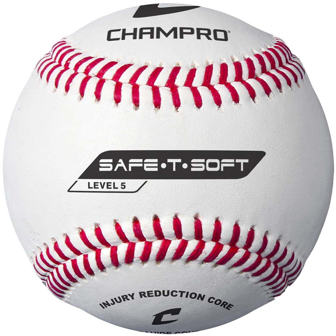 The Champro Sports SAF-T-SOFT Level 5 Baseball (CBB-65) is a white, low compression ball with red stitching and “INJURY REDUCTION CORE” printed near the bottom, perfect for safe indoor practice and training.