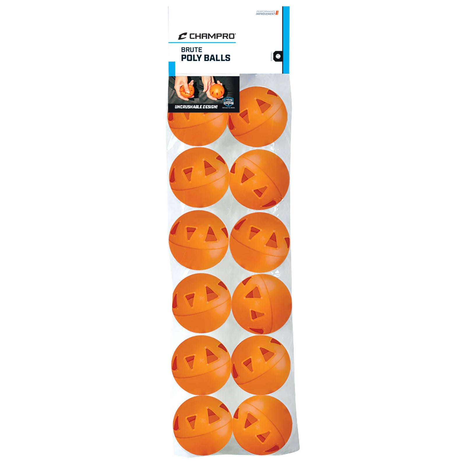 A package of twelve 9" orange Champro Sports Brute Poly Training Balls (CBB49), each with a jack-o’-lantern face—ideal as a heavy-duty wiffle training ball set.