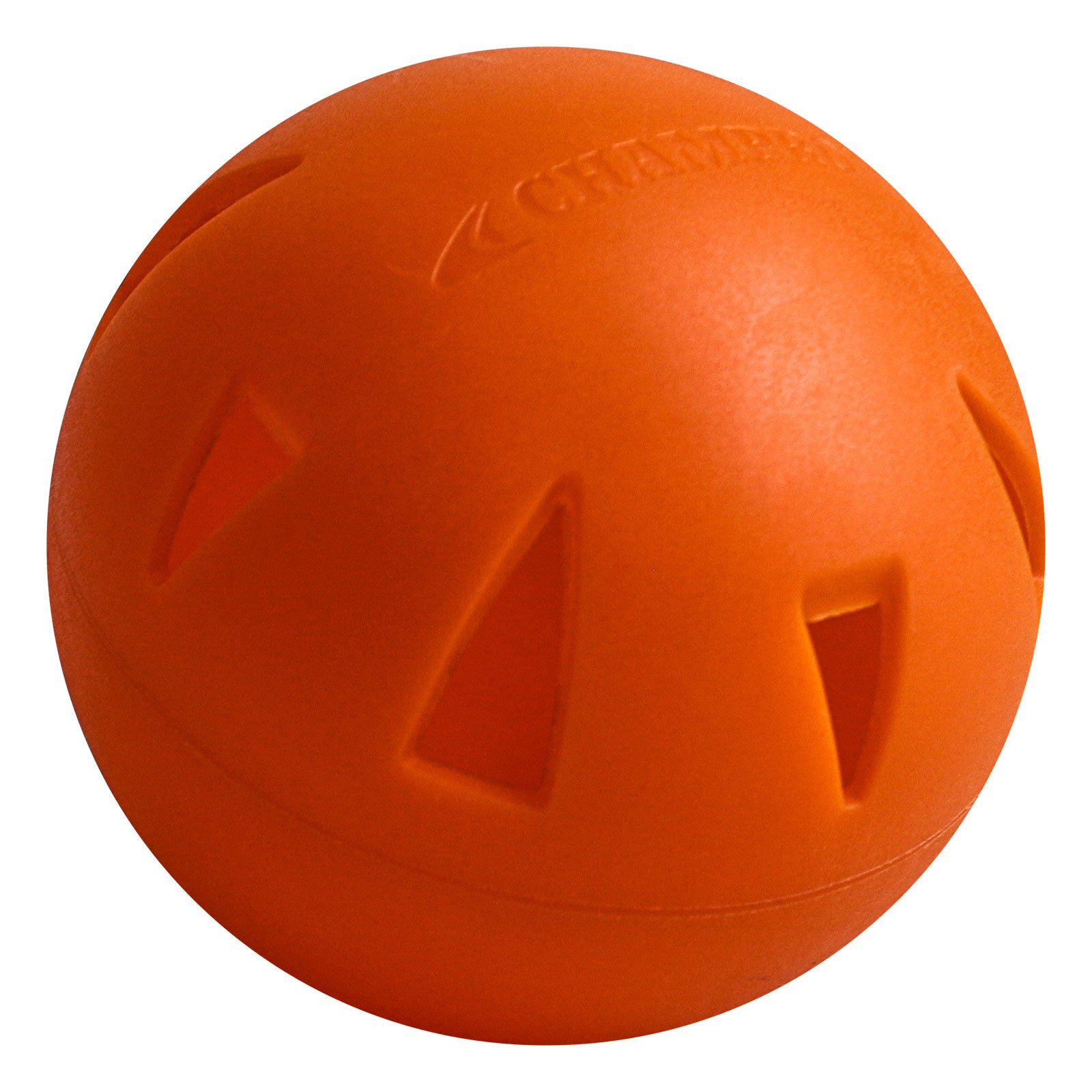 The Champro Brute 9" Poly Training Balls (12 Pack) by Champro Sports feature an orange, heavy-duty design with triangular and trapezoidal cutout holes for reduced flight, shown against a white background.