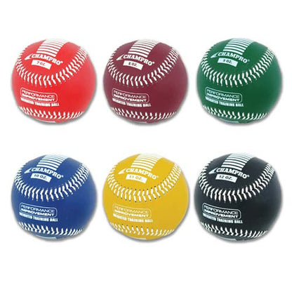Six Champro Sports Weighted Training Baseballs (CBB707-CBB712) in red, maroon, green, blue, yellow, and black—ideal for overload arm strength training—are displayed in two rows of three on a white background.