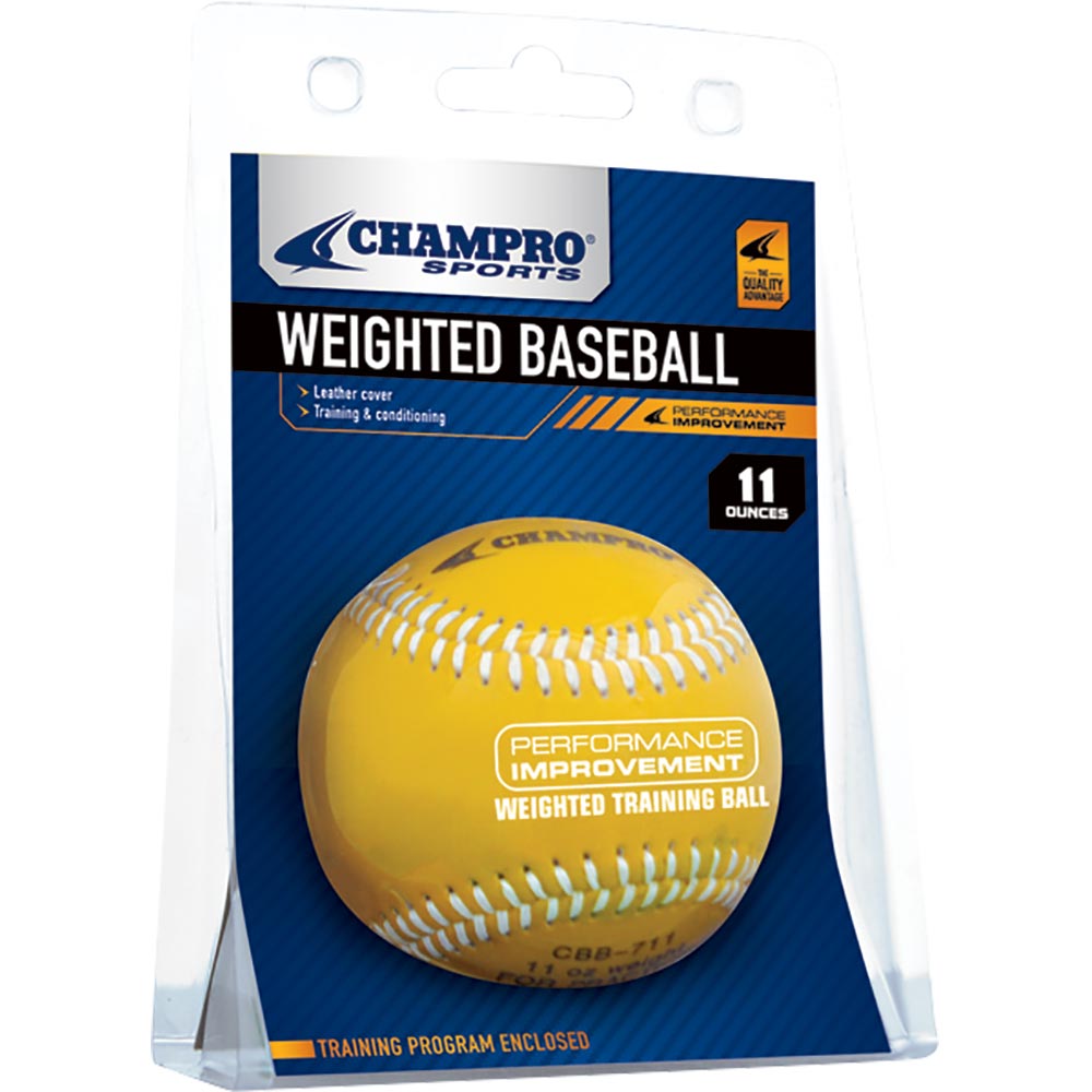 The Champro Sports Weighted Training Baseball (CBB707-CBB712) is a yellow 11-oz ball labeled "Performance Improvement," packaged on a blue and white card inside a clear plastic case for overload training.