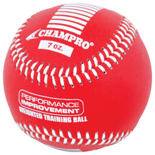 The Champro Sports Weighted Training Baseballs (CBB707–CBB712) are red, 7 oz. balls with white stitching and "PERFORMANCE IMPROVEMENT WEIGHTED TRAINING BALL" text—ideal overload tools to boost arm strength and performance.