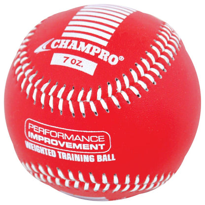 The Champro Sports Weighted Training Baseballs (CBB707–CBB712) are red, 7 oz. balls with white stitching and "PERFORMANCE IMPROVEMENT WEIGHTED TRAINING BALL" text—ideal overload tools to boost arm strength and performance.