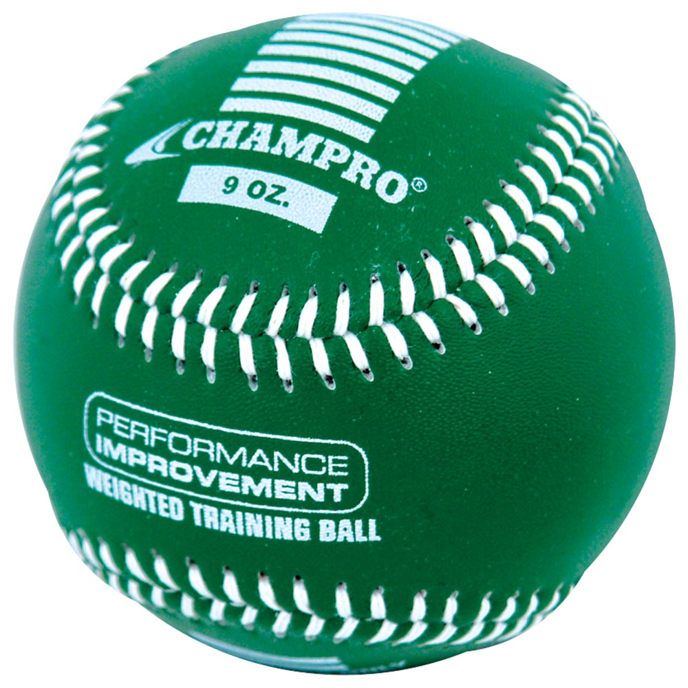 A green Champro Sports Weighted Training Baseball (CBB707-CBB712) with white stitching, labeled "CHAMPRO 9 OZ." and "PERFORMANCE IMPROVEMENT WEIGHTED TRAINING BALL," ideal for overload training to build arm strength.