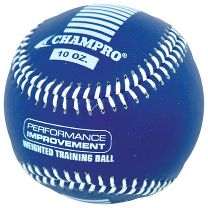 The Champro Sports Weighted Training Baseball (CBB707-CBB712) features blue cover, white stitching, and "PERFORMANCE IMPROVEMENT WEIGHTED TRAINING BALL" label—perfect for overload drills to increase arm strength.