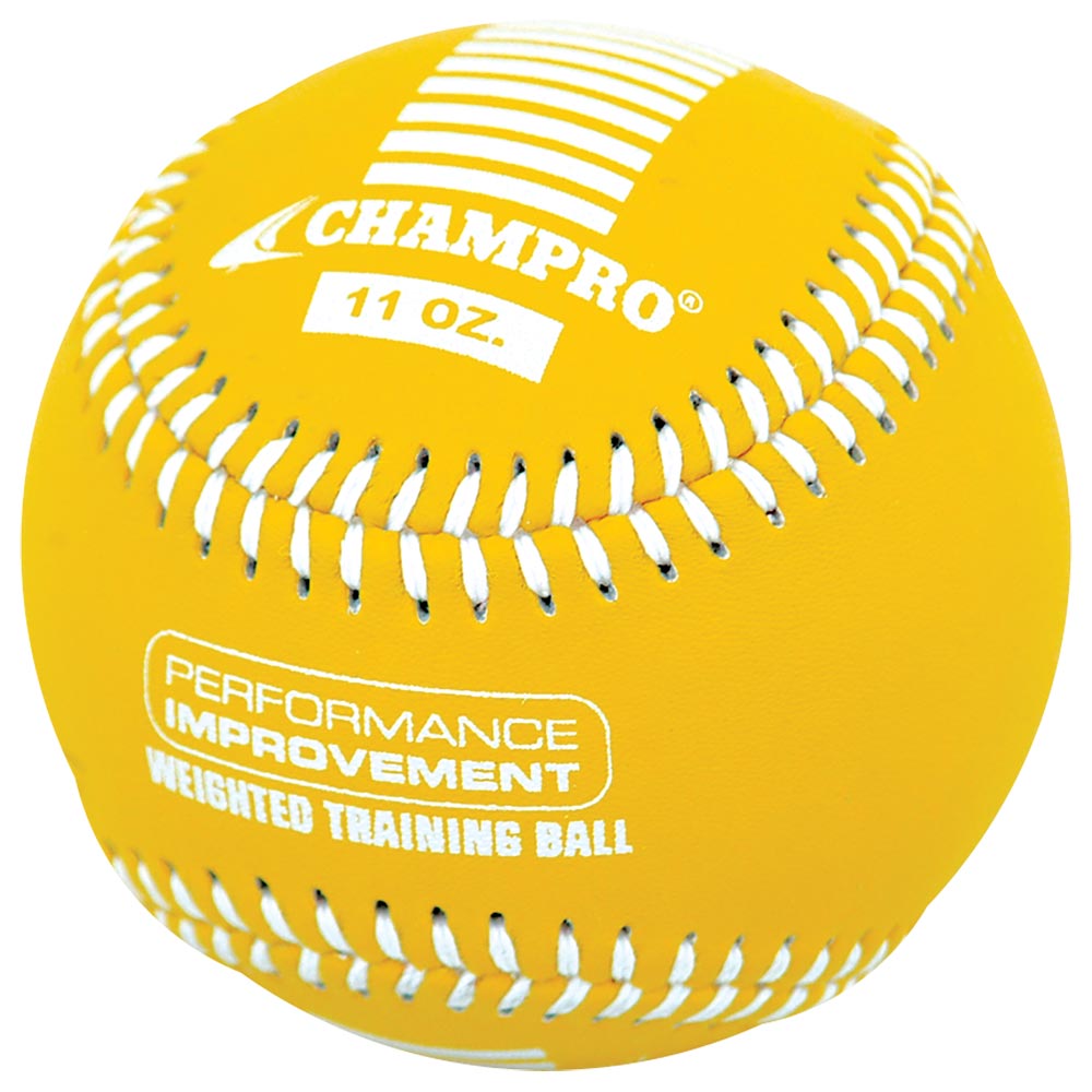 A yellow Champro Sports Weighted Training Baseball (CBB707-CBB712) with white stitching, ideal for overload training and building arm strength. Ball displays: Champro 11 oz. and Performance Improvement Weighted Training Ball.
