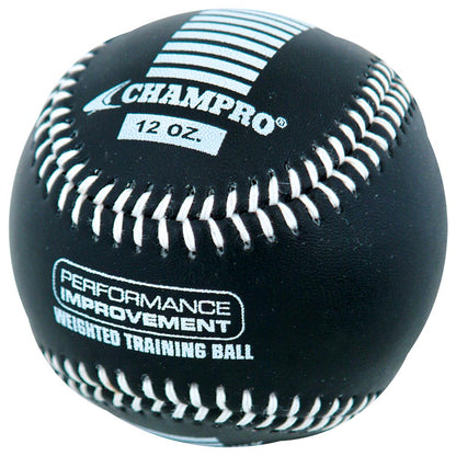 The Champro Sports Weighted Training Baseballs (CBB707-CBB712) feature black leather, white stitching, and “Champro 12 oz.” text—ideal for overload training and building arm strength.