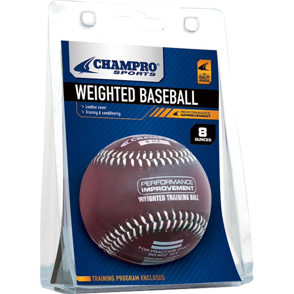 The Champro Sports Weighted Training Baseballs (CBB707-CBB712) weigh 8oz and feature "Performance Improvement" labeling, making them ideal for overload training and arm strength conditioning.