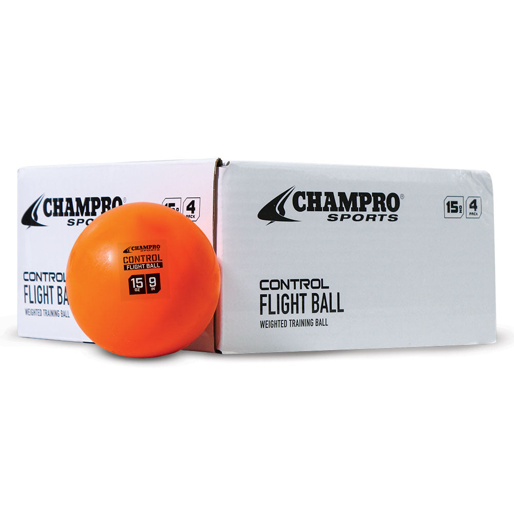 A Champro 9" Control Flight Hitting Ball (CBB92) rests in front of two boxes labeled Champro Sports, with product details and logos clearly visible on the packaging.