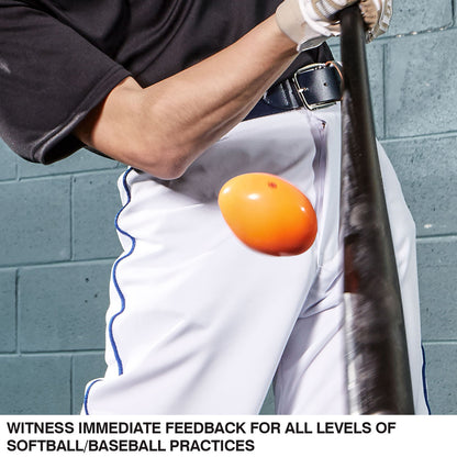 A baseball player in white pants swings a black bat at a Champro 9" Control Flight Hitting Ball (CBB92) by Champro Sports, the orange ball compressing on impact. Text: WITNESS IMMEDIATE FEEDBACK FOR ALL LEVELS OF SOFTBALL/BASEBALL PRACTICES.