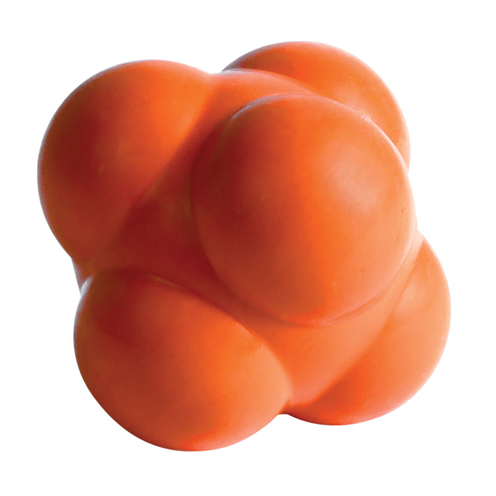 The Champro Sports Reaction Ball: CBBRB by Champro Sports is an orange rubber ball with rounded protrusions, designed to boost hand-eye coordination with unpredictable bounces. Shown against a white background.