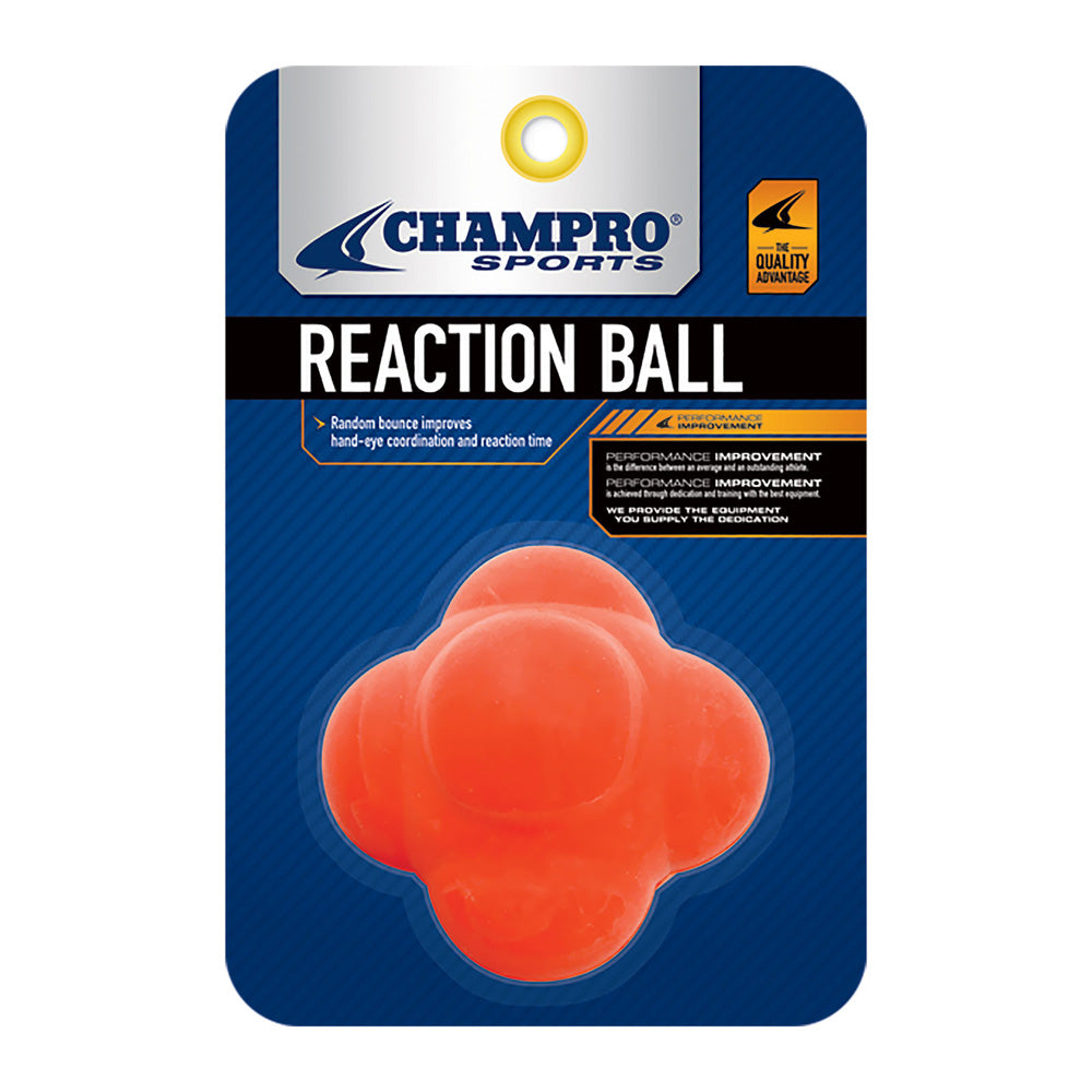 The Champro Sports Reaction Ball: CBBRB, in orange, improves reaction time and hand-eye coordination, and is packaged on a blue and black card featuring a "Quality Assurance" badge in the top right corner.