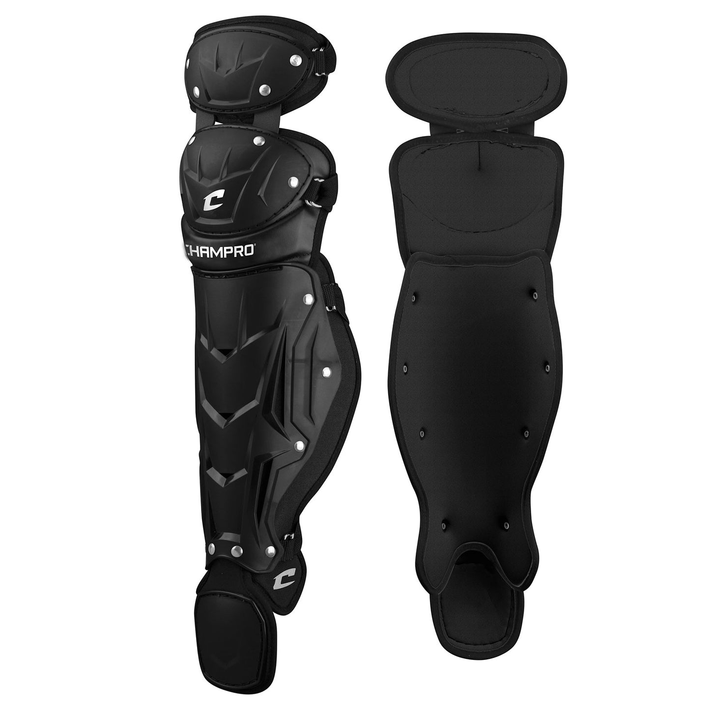 Two Champro Optimus MVP Catcher's Leg Guards (CG106/CG111) by Champro Sports are shown—one with a hard PE shell and white branding, the other with a padded interior. Both offer knee and ankle protection for superior impact resistance.