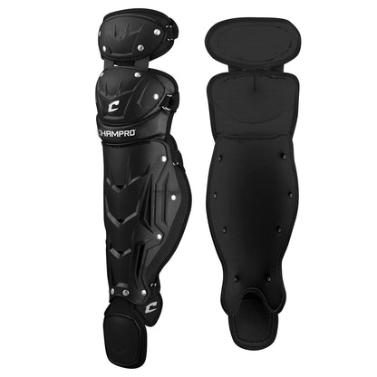 Two Champro Optimus MVP Catcher's Leg Guards (CG106/CG111) by Champro Sports are shown—one with a hard PE shell and white branding, the other with a padded interior. Both offer knee and ankle protection for superior impact resistance.