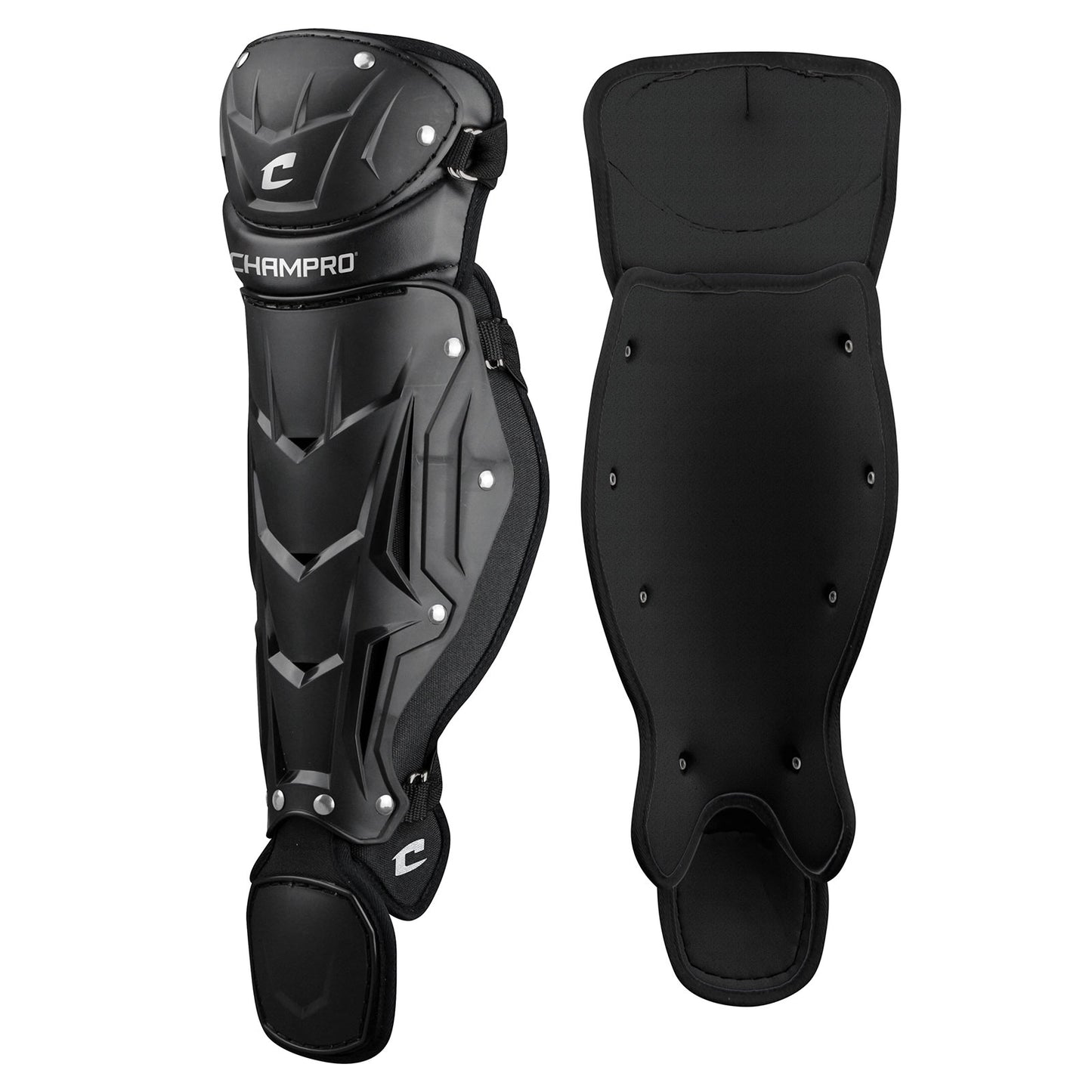 Champro Sports Optimus MVP Single Knee Catcher's Leg Guards (CG107/CG112) feature hard shells, a double knee cap design, PE shin plate, and padded lining for protection. Shown front and back on a white background.