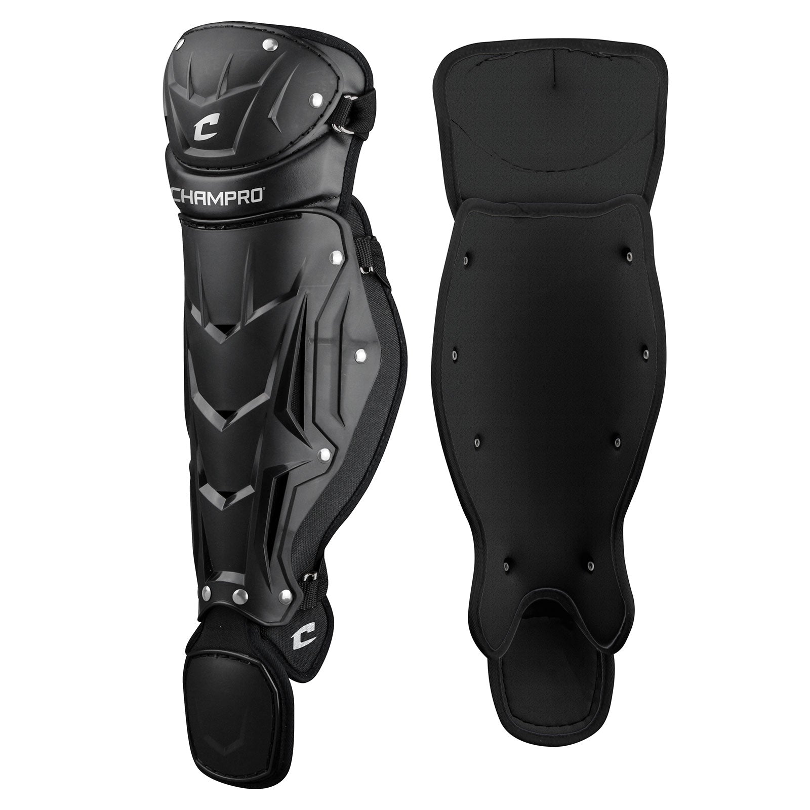Champro Sports Optimus MVP Single Knee Catcher's Leg Guards (CG107/CG112) feature hard shells, a double knee cap design, PE shin plate, and padded lining for protection. Shown front and back on a white background.