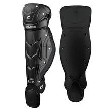Champro Sports Optimus MVP Single Knee Catcher's Leg Guards (CG107/CG112) feature hard shells, a double knee cap design, PE shin plate, and padded lining for protection. Shown front and back on a white background.