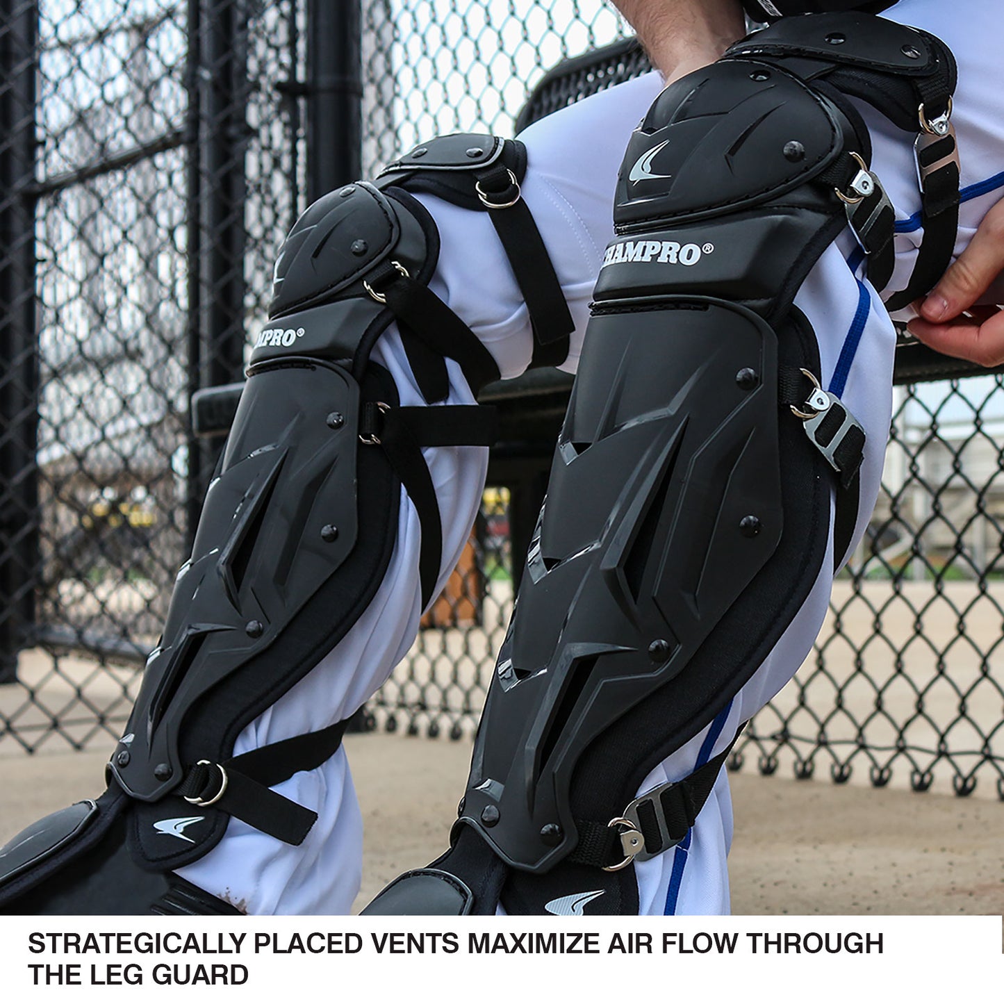 A close-up of a baseball player wearing Champro Sports Optimus MVP Catcher's Leg Guards (CG106/CG111) with advanced air management and vents, sitting on a bench by a chain-link fence; text highlights superior ventilation.