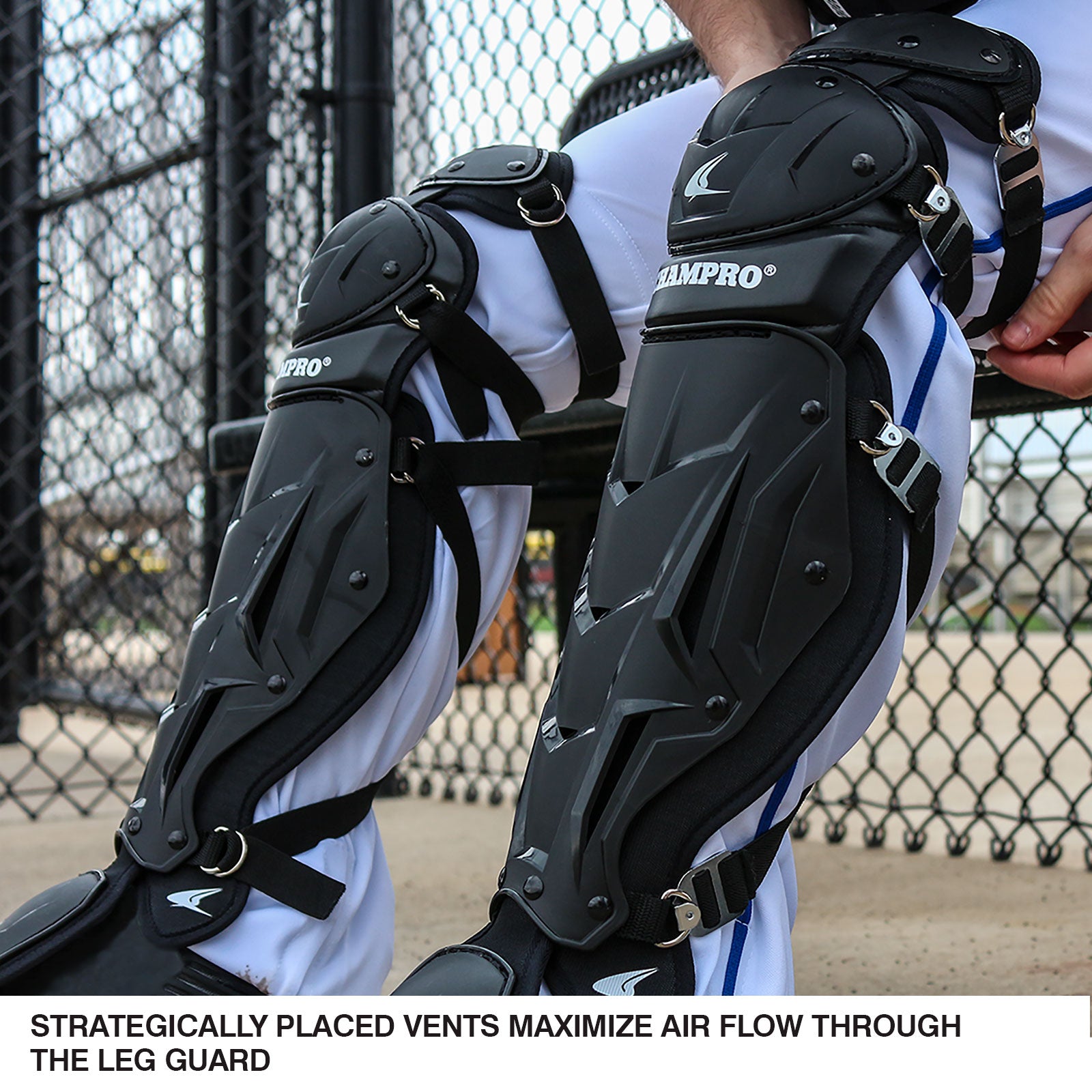 A close-up of a baseball player wearing Champro Sports Optimus MVP Catcher's Leg Guards (CG106/CG111) with advanced air management and vents, sitting on a bench by a chain-link fence; text highlights superior ventilation.