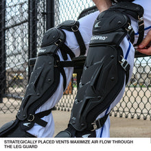 A close-up of a baseball player wearing Champro Sports Optimus MVP Catcher's Leg Guards (CG106/CG111) with advanced air management and vents, sitting on a bench by a chain-link fence; text highlights superior ventilation.