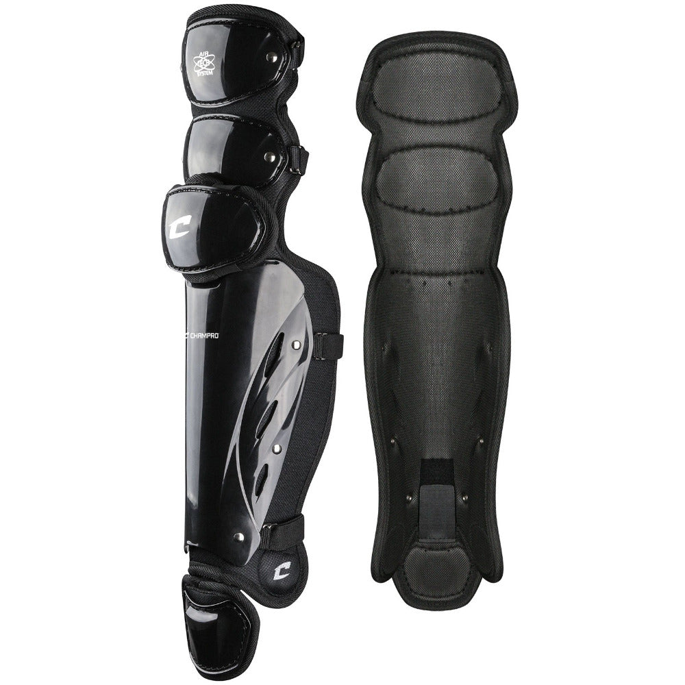 Champro Sports Pro Plus Umpire Leg Guards (CG385-CG370-CG355), black, shown front and back: one side displays a shiny, hard exterior with straps; the other shows a padded mesh interior. Features triple knee protection and ventilated shin caps.