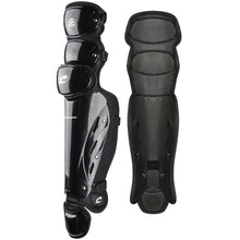 Champro Sports Pro Plus Umpire Leg Guards (CG385-CG370-CG355), black, shown front and back: one side displays a shiny, hard exterior with straps; the other shows a padded mesh interior. Features triple knee protection and ventilated shin caps.