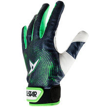 The All Star Catcher's Protective Inner Glove: CG6000 features a black, green, and white design with lightweight palm pads, a star logo on the back, and an “ALL-STAR” wrist strap. The glove is shown with fingers spread open.