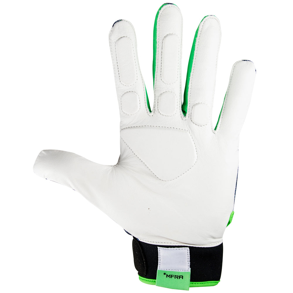 The All Star CG6000 Catcher's Protective Inner Glove is shown palm-up. This white glove with green accents has lightweight palm pads, padded fingers, and a black wrist strap with a green Velcro MHRA tab.