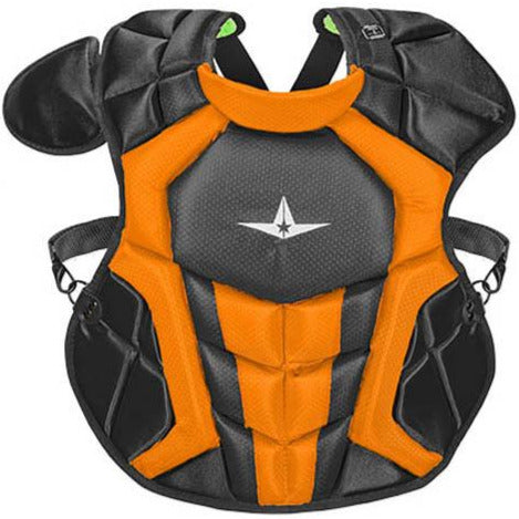 All Star System7 Axis Catcher's Chest Protector (CPCC912S7X / CPCC1216S7X / CPCC40PRO) features a black and orange design, white star logo, shoulder guards, adjustable straps, and meets NOCSAE standards for sports protection.