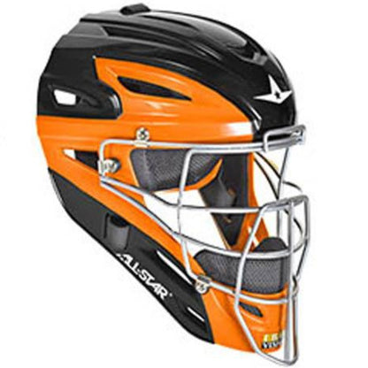 The All Star System7 Axis Hockey Style Catcher's Helmet (MVP2500/MVP2510) in orange and black features a durable metal face guard, ideal for youth catchers.