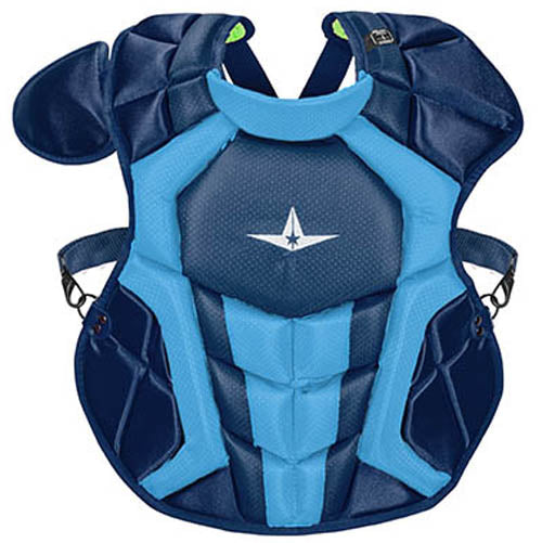 The All Star System7 Axis Catcher's Chest Protector (CPCC912S7X / CPCC1216S7X / CPCC40PRO) in blue/navy features layered segments, a white star logo, and meets NOCSAE standards for baseball or softball catcher safety.